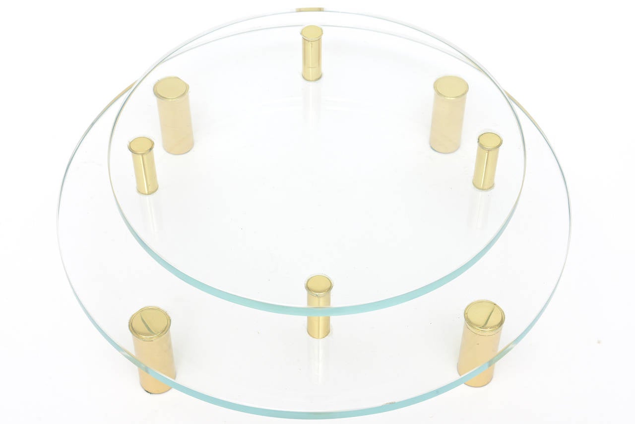 Late 20th Century Modernist Two-Tiered Circular Brass and Glass Sculptural Centerpiece Vintage For Sale