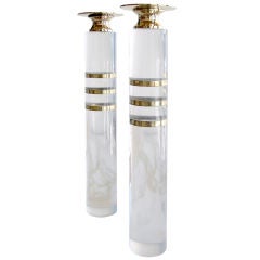 Pair Of Divine Lucite And Brass Banded Candle Holders