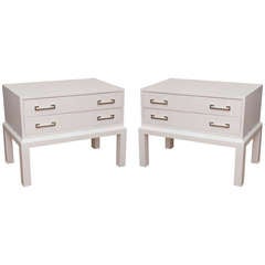 Pair of Karl Springer Style White Lacquered over Linen Night Stands