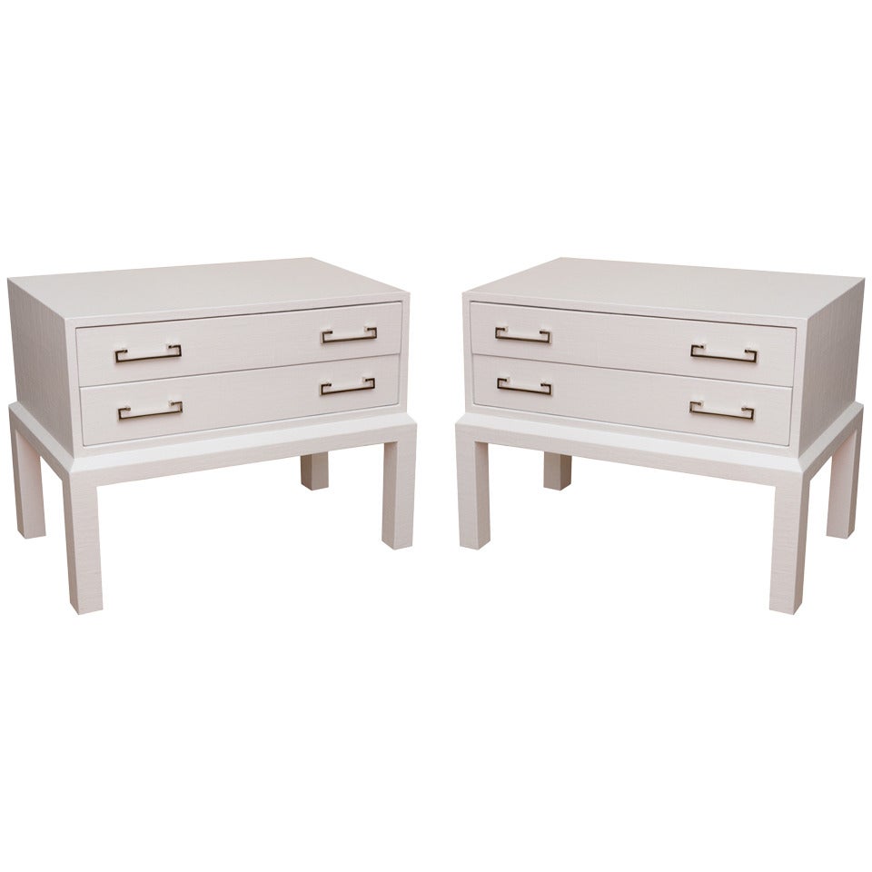 Pair of Karl Springer Style White Lacquered over Linen Night Stands