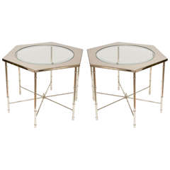 Pair of Mastercraft Nickel Silver Glass Faux Bamboo  Octagon Side Tables