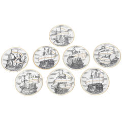 Set of Eight Fornasetti Regal Gilded Porcelain "SHIP" Velieri Coasters