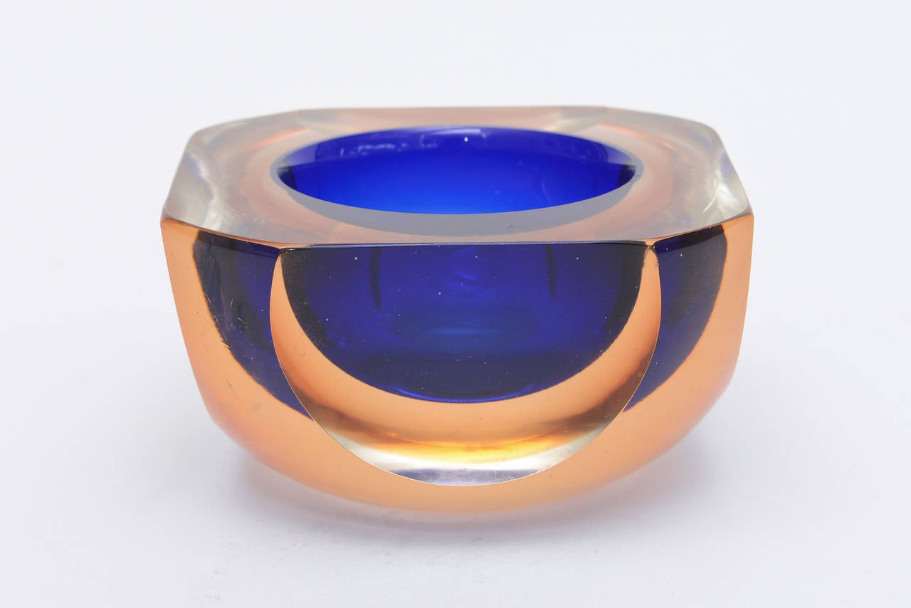 Italian Murano Mandruzzato Sommerso Flat Cut Top and Sides Geode Glass Bowl