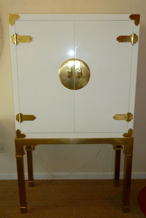 Amazing Mastercraft Brass and White Lacquered Bar Cabinet