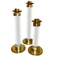 Monumental Set of 3  Polished Brass and Lucite Candlesticks