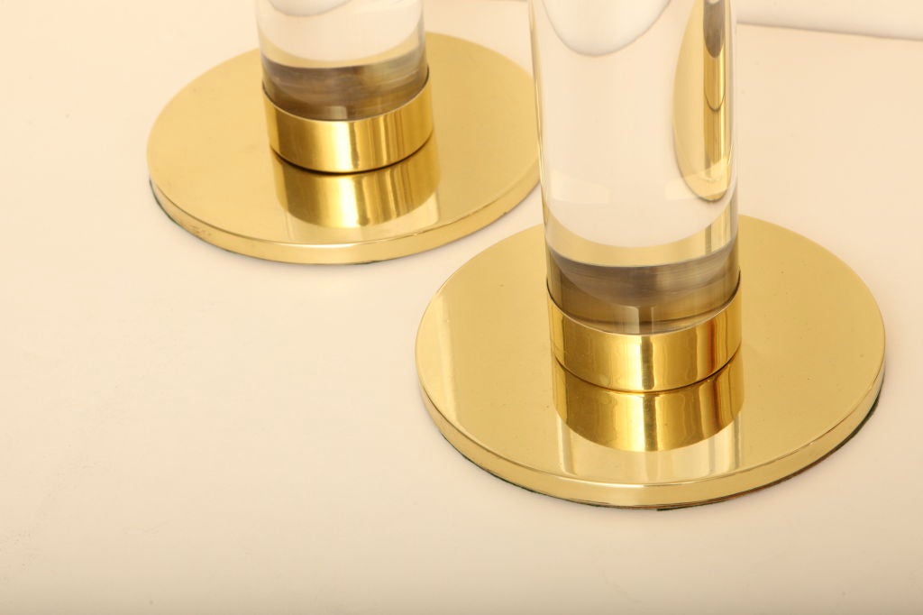 Monumental Italian Lucite and Polished Brass Candlesticks In Excellent Condition In North Miami, FL