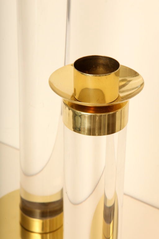 20th Century Monumental Italian Lucite and Polished Brass Candlesticks