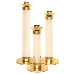 Monumental Italian Lucite and Polished Brass Candlesticks