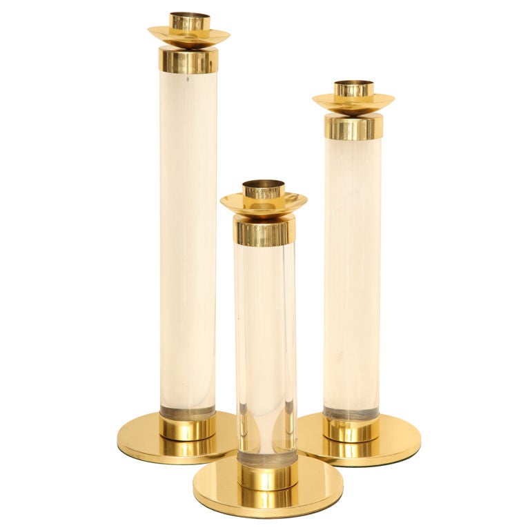 Monumental Italian Lucite and Polished Brass Candlesticks