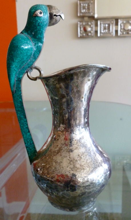 20th Century Alfred Villasana Mexican Silver And Turquoise Pitcher