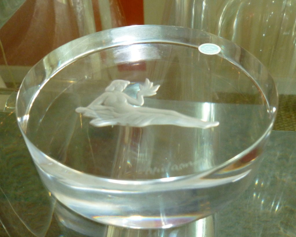 Tiffany Belgium Glass Intaglio Signed Round Nude Paperweight