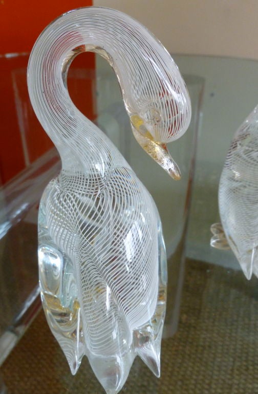 20th Century Pair of Italian Murano Glass Latticino Birds