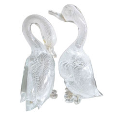 Pair of Italian Murano Glass Latticino Birds