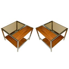 Vintage Pair of Square Rosewood , Chrome, and Glass End Tables
