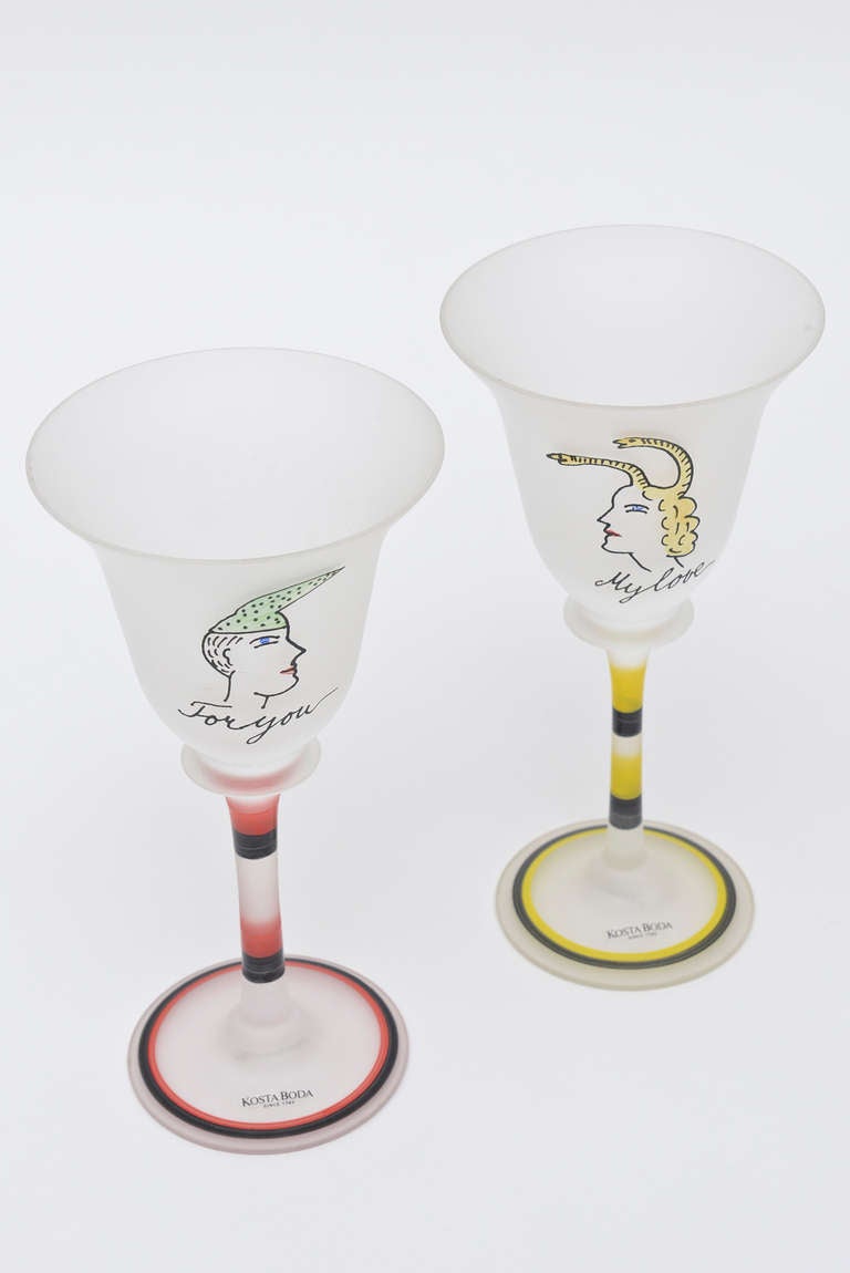 Cocteau Inspired Romantic Ulrica Hyman Kosta Vintage Kosta Boda Glass Goblets 3