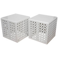 Pair of White Lacquered Graphic Sculptural Cube Side Tables