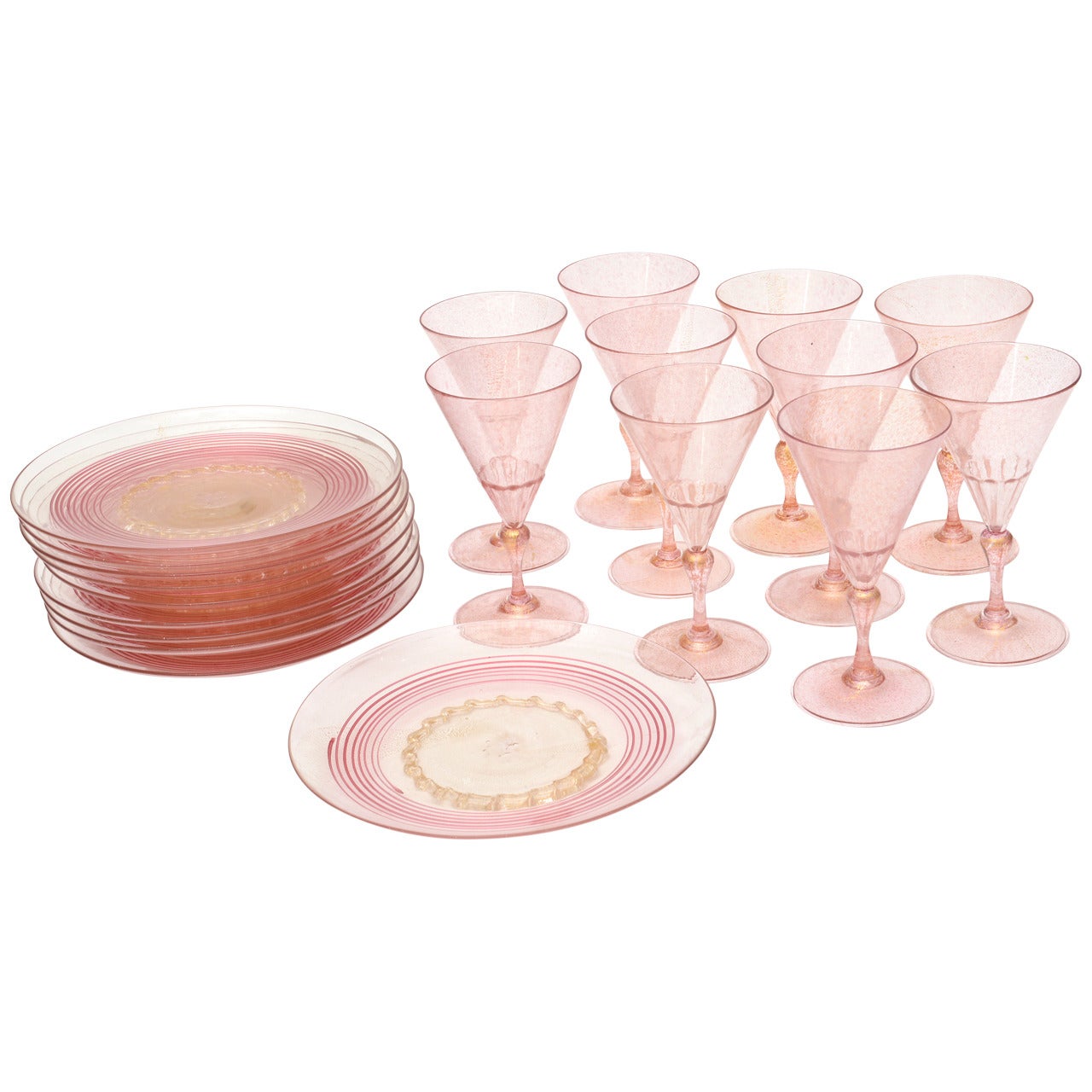20 Italian Murano Glass Plates and Goblets with Gold Aventurine