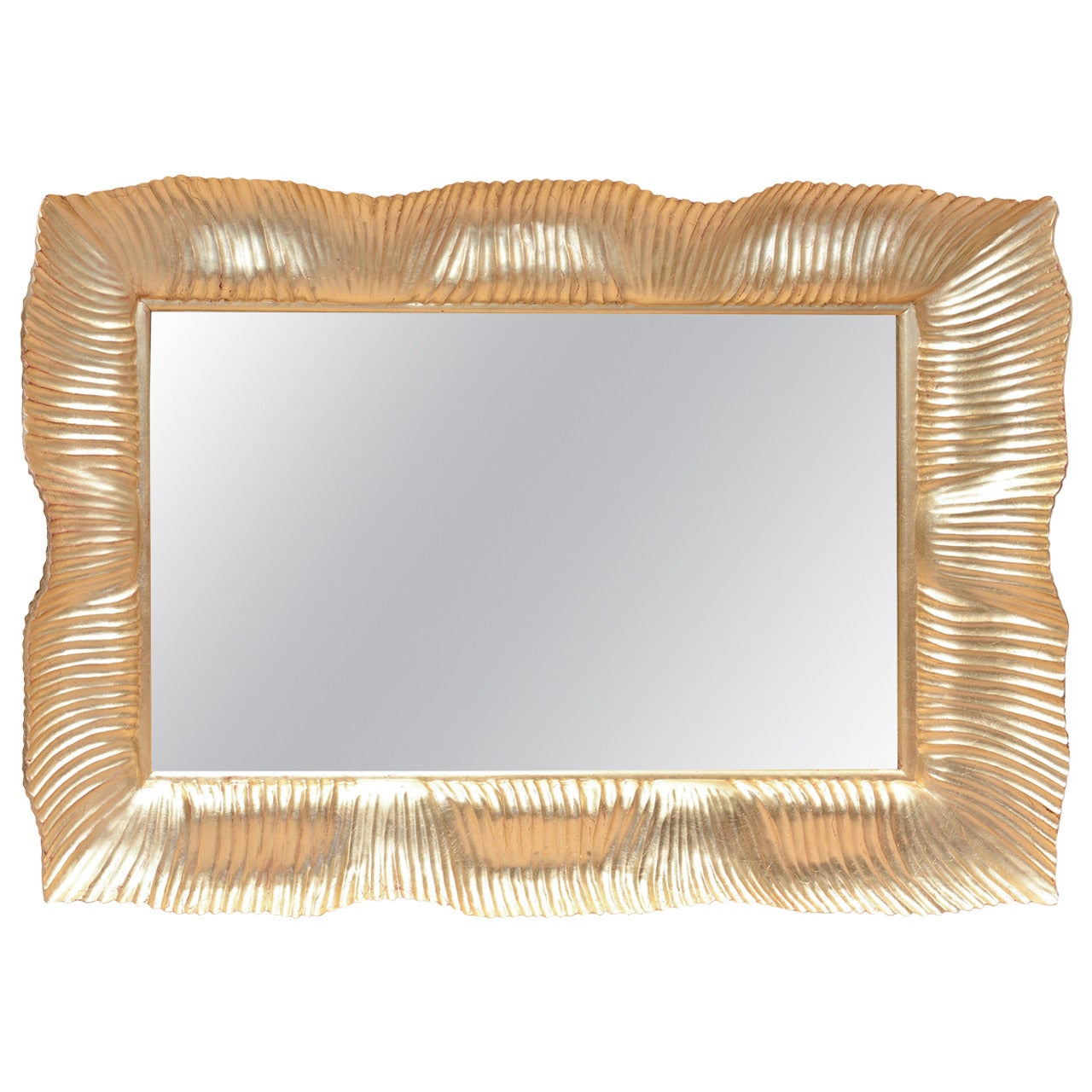 Monumental Italian 24-Karat Gold Leaf over Wood Beveled Ridged Horizontal Mirror