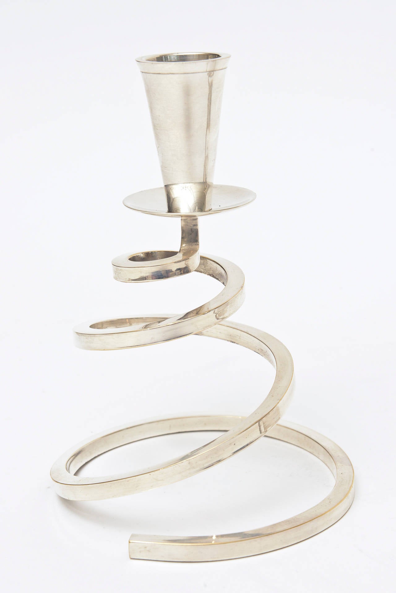 Mid-Century Modern Pair of Chrome-Plated Brass Coil Spiral Candlesticks