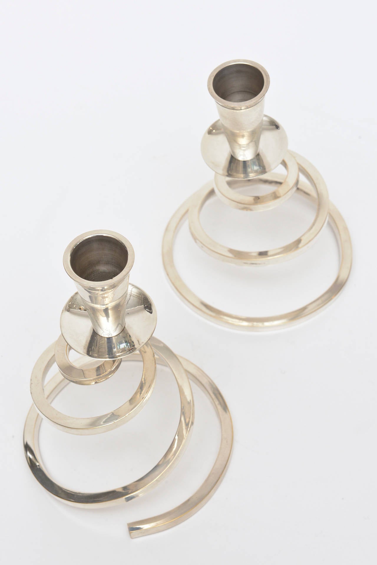 American Pair of Chrome-Plated Brass Coil Spiral Candlesticks