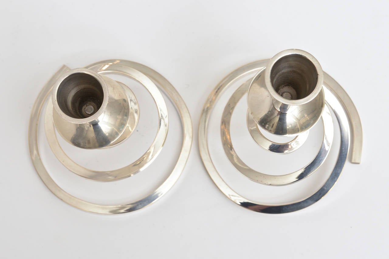 Mid-20th Century Pair of Chrome-Plated Brass Coil Spiral Candlesticks