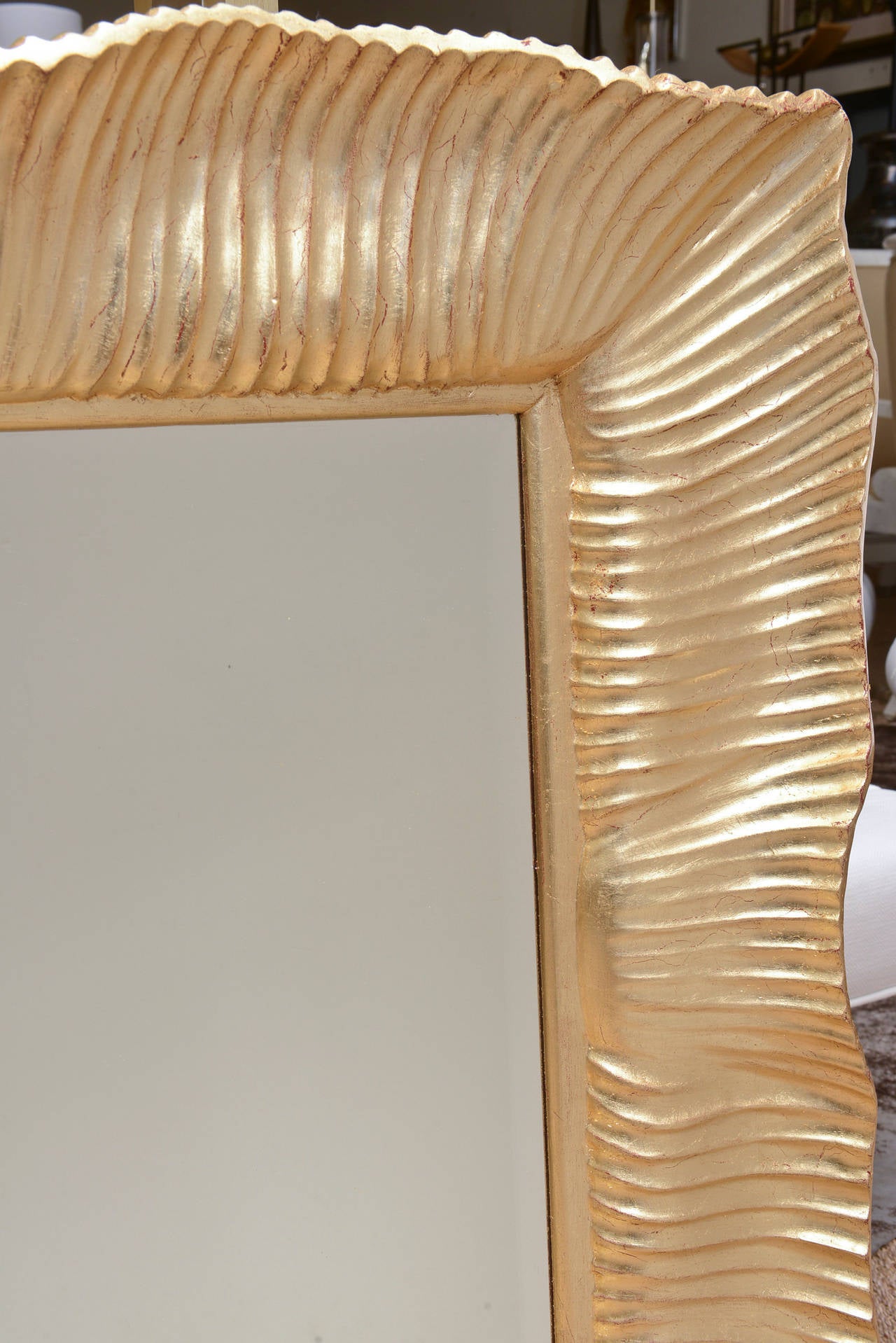 Monumental Italian 24-Karat Gold Leaf over Wood Beveled Ridged Horizontal Mirror
