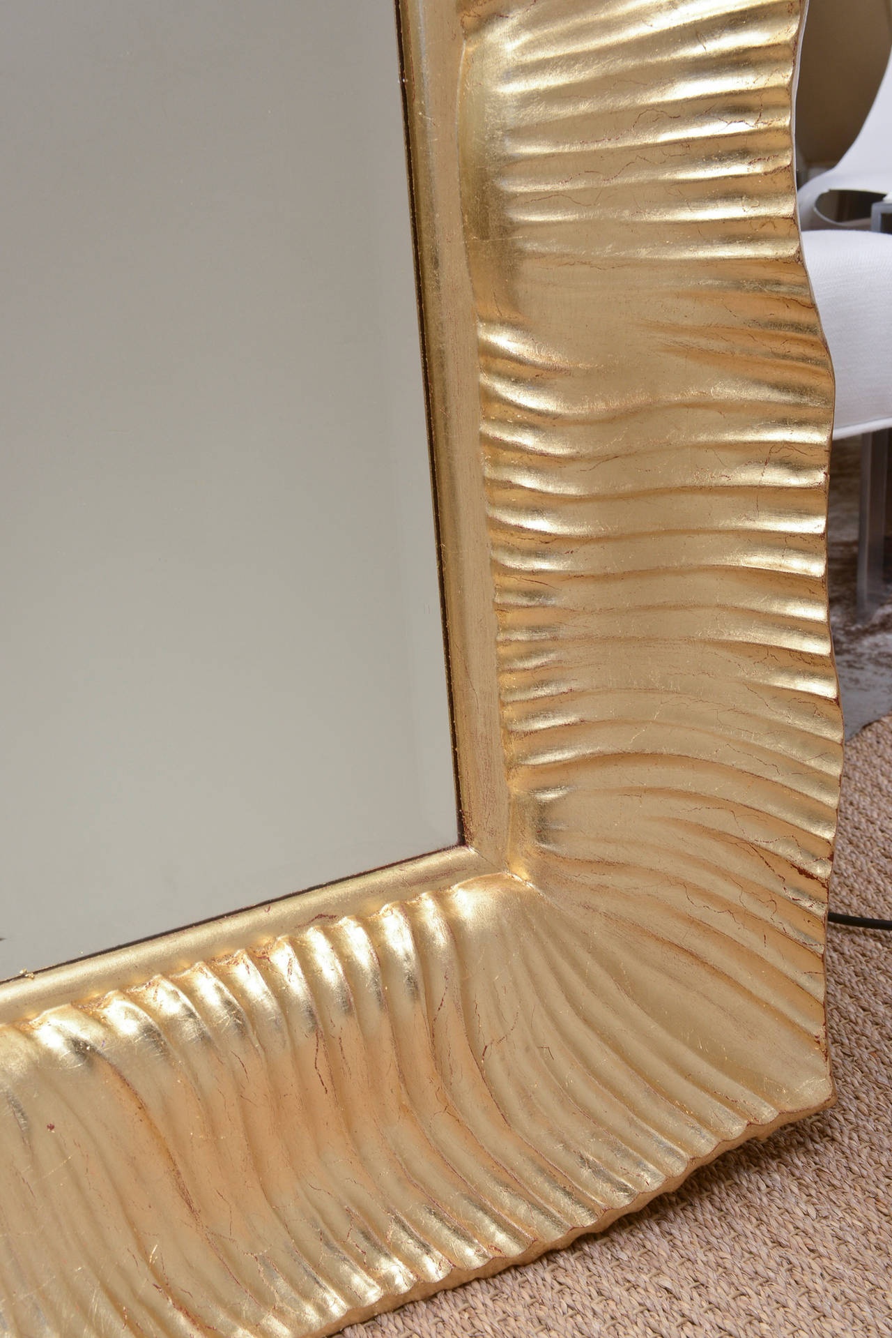 Regency Revival Monumental Italian 24-Karat Gold Leaf over Wood Beveled Ridged Horizontal Mirror