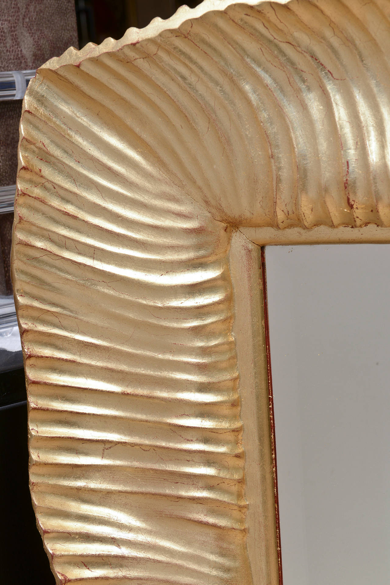 Mid-20th Century Monumental Italian 24-Karat Gold Leaf over Wood Beveled Ridged Horizontal Mirror