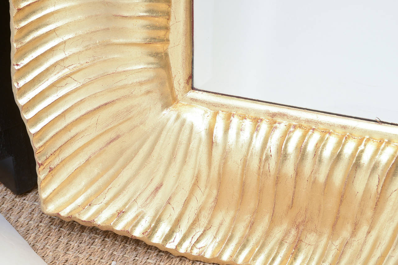 Monumental Italian 24-Karat Gold Leaf over Wood Beveled Ridged Horizontal Mirror 1