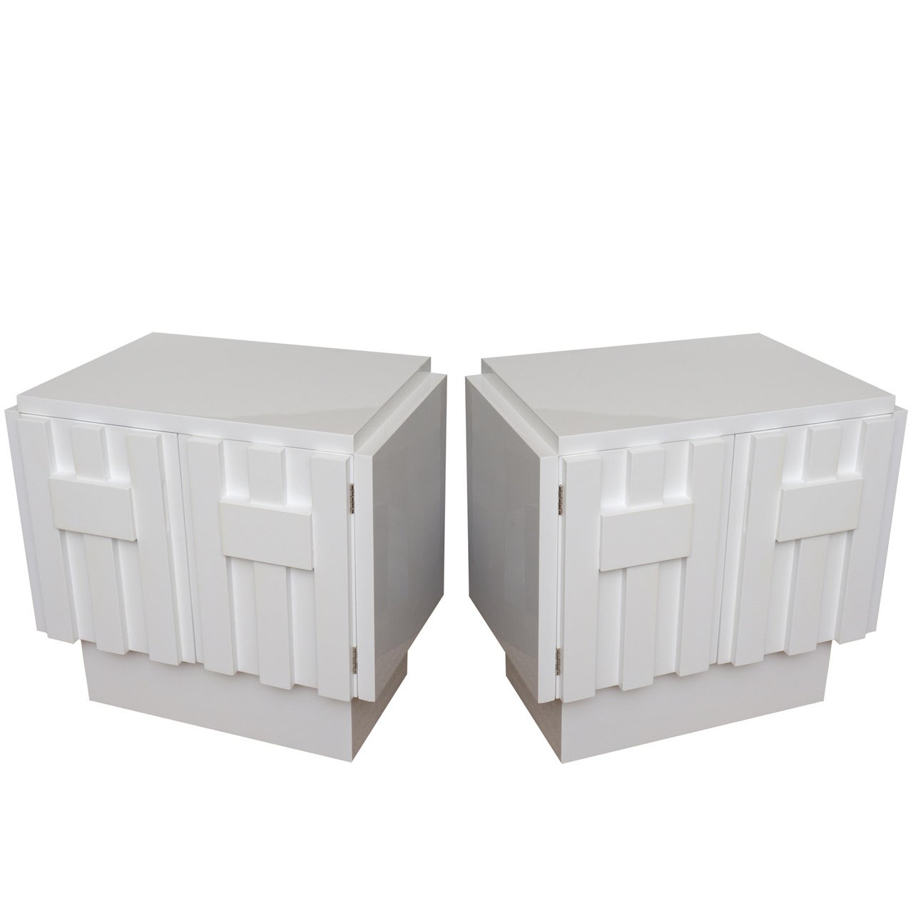 Pair of Sculptural Louise Nevelson or Cubist Style White Lacquered Nightstands
