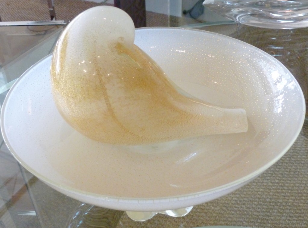 Blown Glass Beautiful Italian Murano Glass Bowl With Perched Bird