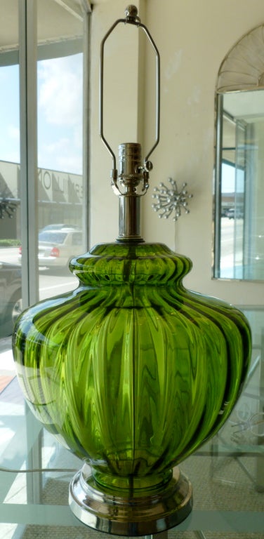 Italian Pair of Luscious Chartreuse Emerald Glass Lamps