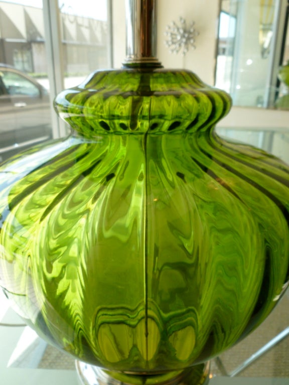Pair of Luscious Chartreuse Emerald Glass Lamps In Excellent Condition In North Miami, FL