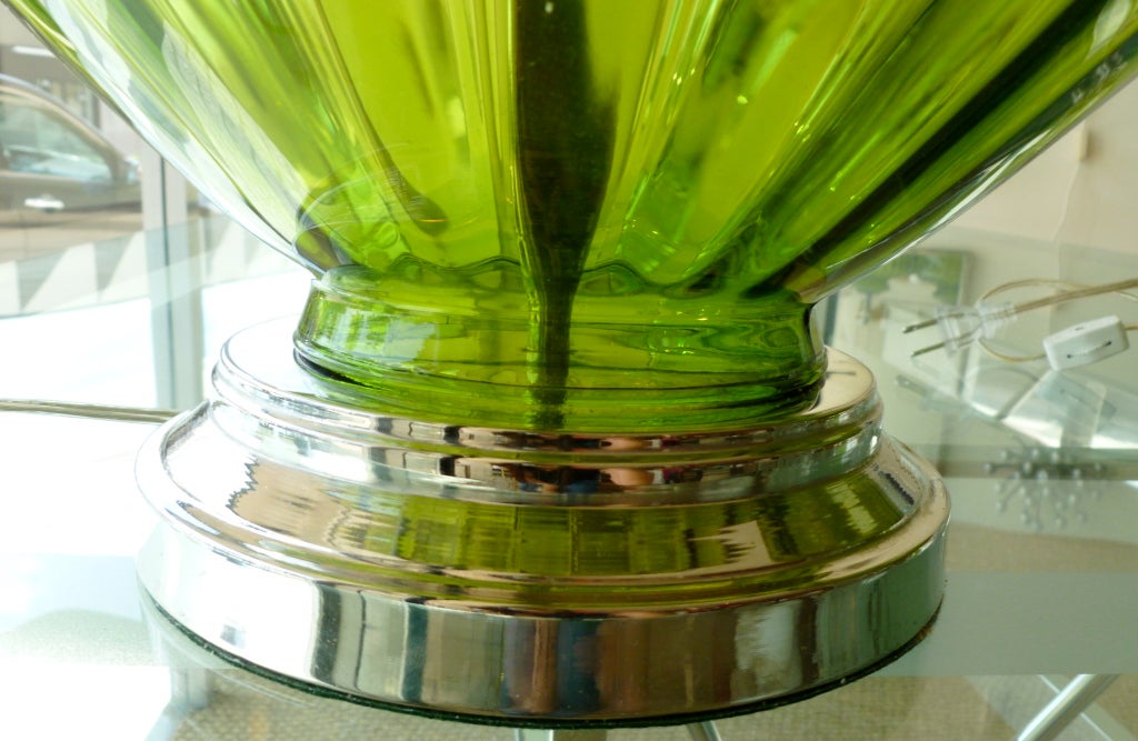 20th Century Pair of Luscious Chartreuse Emerald Glass Lamps