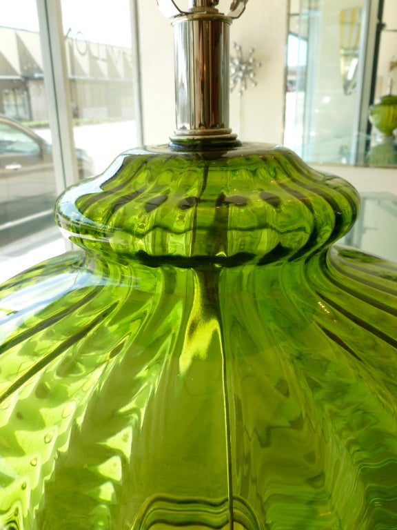 Pair of Luscious Chartreuse Emerald Glass Lamps 1