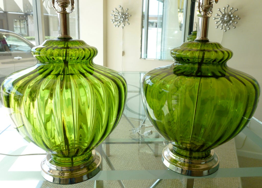 Pair of Luscious Chartreuse Emerald Glass Lamps 2