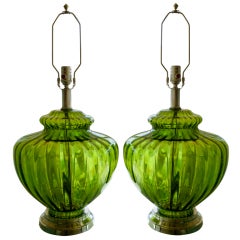 Pair of Luscious Chartreuse Emerald Glass Lamps