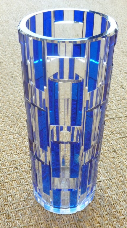 Stunning Ruby Cut Crystal Cobalt and Clear Italian Murano Vase