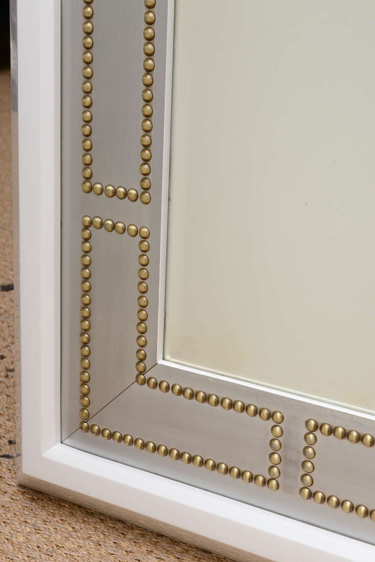 Modern White Lacquered Wood, Studded Brass and Stainless Steel Mirror