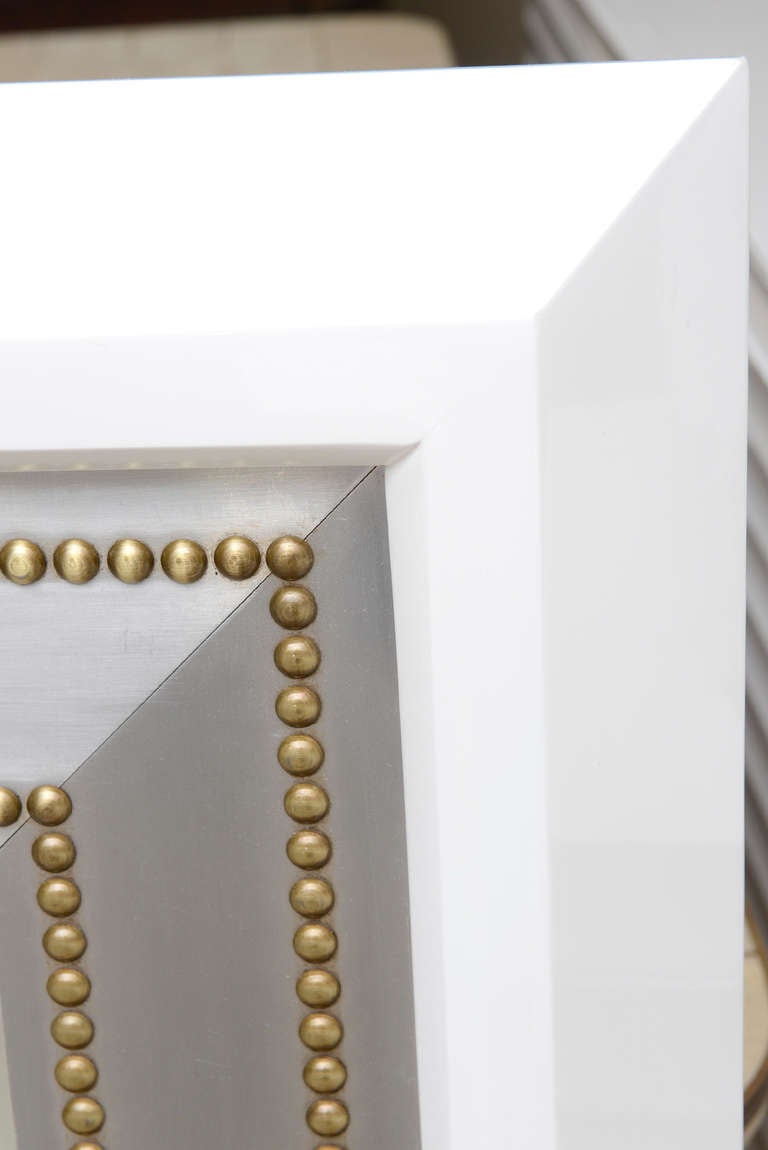 White Lacquered Wood, Studded Brass and Stainless Steel Mirror 1
