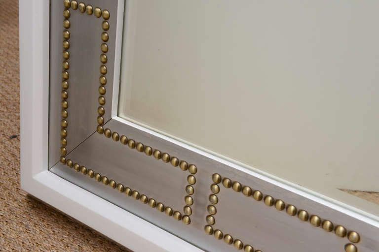 White Lacquered Wood, Studded Brass and Stainless Steel Mirror 2