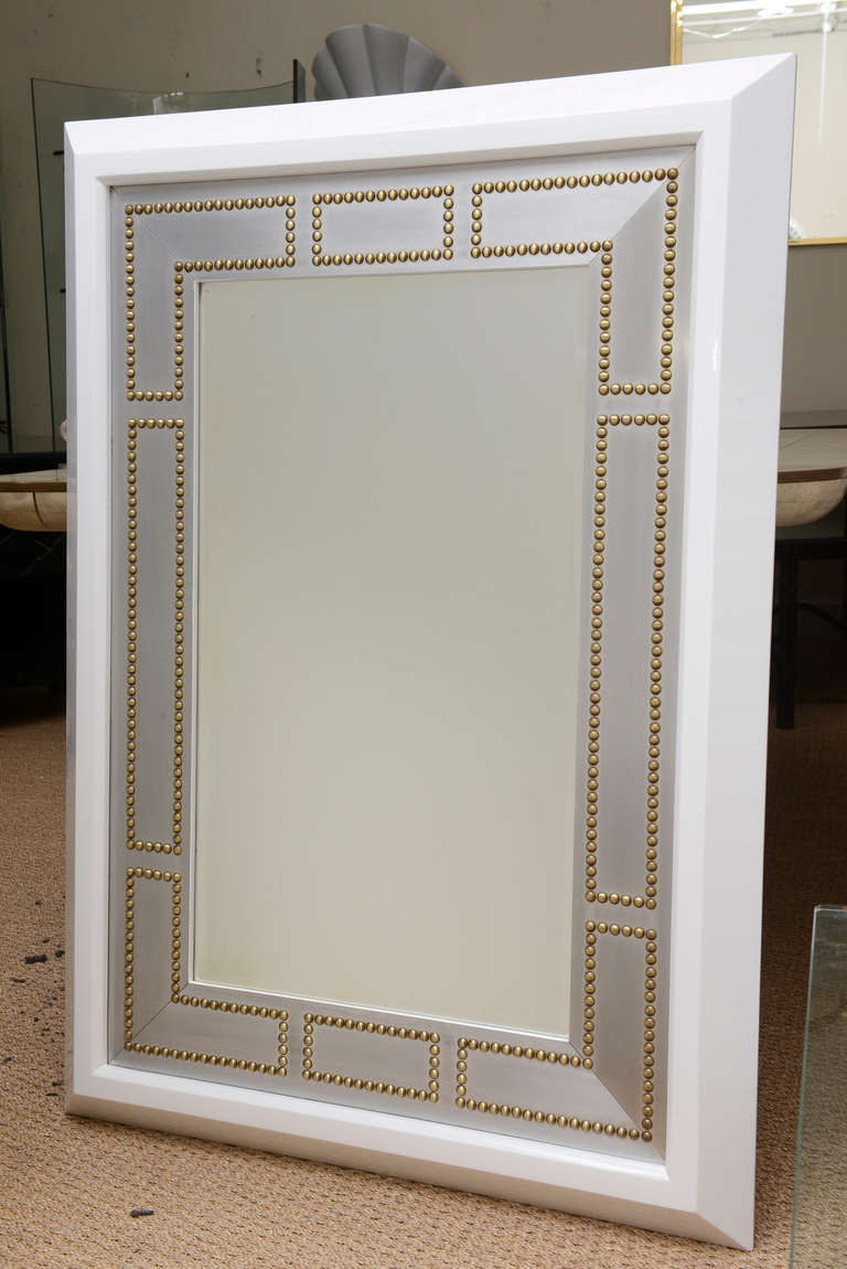 White Lacquered Wood, Studded Brass and Stainless Steel Mirror 3