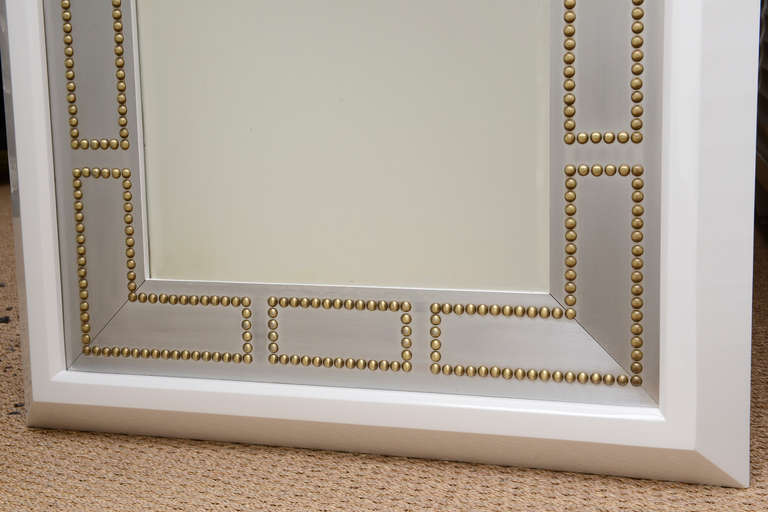 White Lacquered Wood, Studded Brass and Stainless Steel Mirror 4