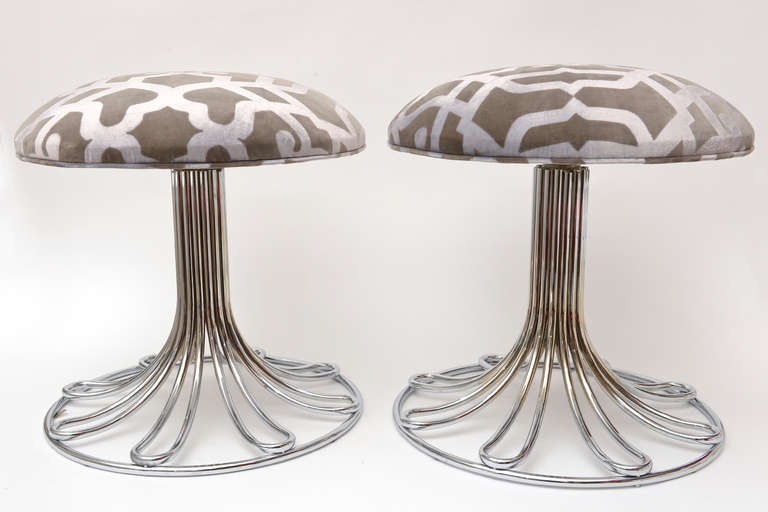 Gastone Rinaldi nickel silver and gray upholstered stools vintage Italian these wonderful Italian Gastone Rinaldi vintage versatile chrome and newly upholstered stools and or footstools can be used in a vanity or elsewhere. These have new gray silk
