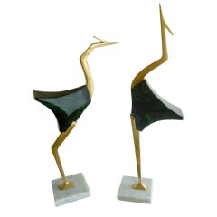 Pair of Brass & Faux Malachite Resin Egrets