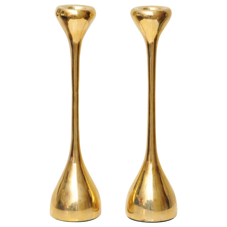 Elegant Pair of Polished Brass Peretti Style Candlesticks
