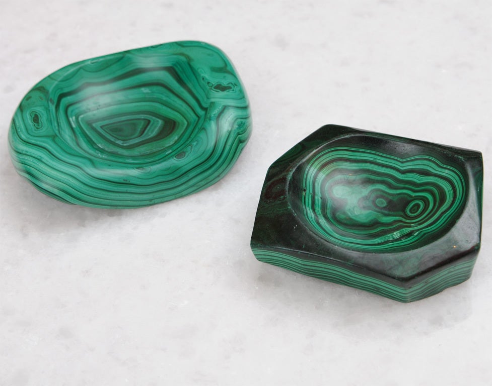 These great bowls exude a wonderful energy and a sculptural form. They were exported from Jaipur, Africa, under the auspices of an objet made into a bowl, etc...
otherwise, malachite could not leave the country...  The 2 bowls are 2 different