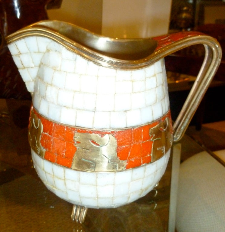 Signed Mexican Salvador Teran Glass Mosaic and Brass Pitcher 2