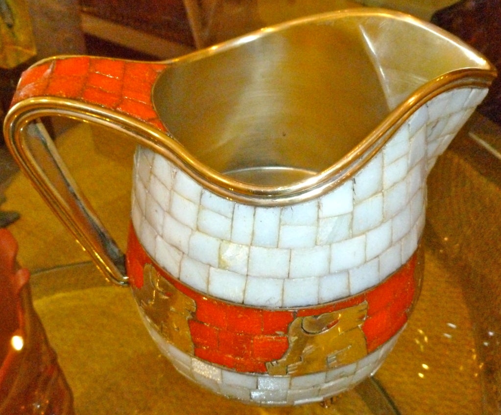 Signed Mexican Salvador Teran Glass Mosaic and Brass Pitcher 4