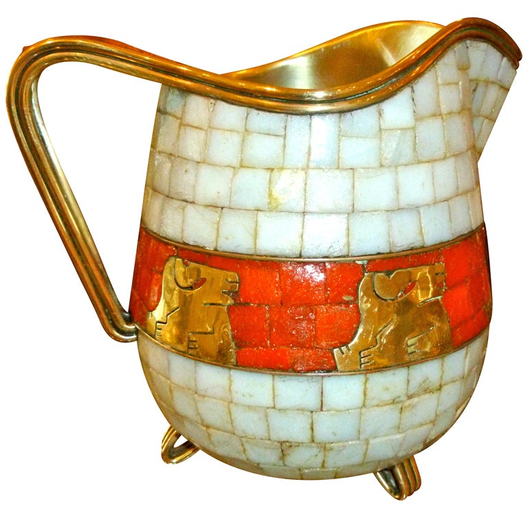 Signed Mexican Salvador Teran Glass Mosaic and Brass Pitcher